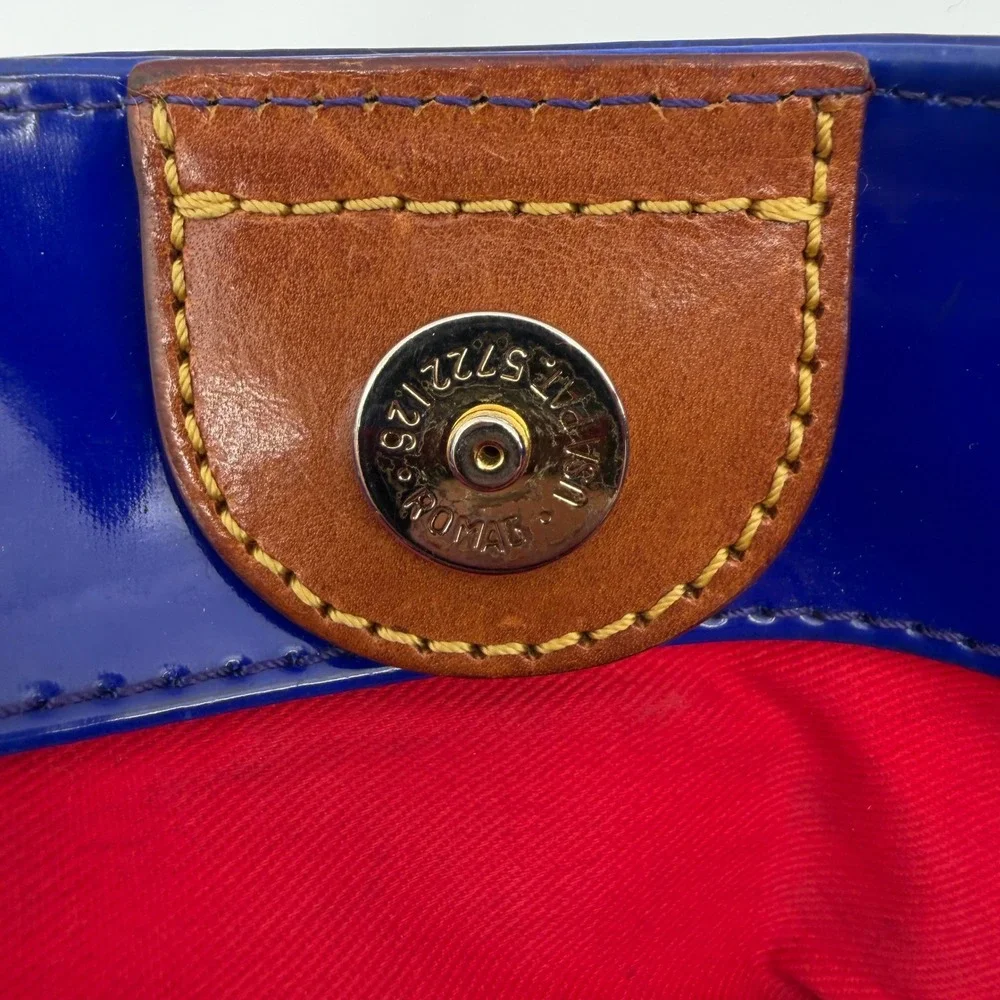 Dooney & Bourke Tote Bag Womens Medium Blue Patent Leather Tan Trim Shoulder Bag